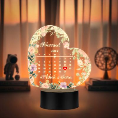 Personalized Heart Shape Wedding LED Lamp Custom with Names and Marriage Date – Romantic Anniversary & Wedding Gift for Couples, Husband, Wife Warm White Light with USB Cable